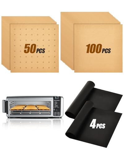 Image of 154PCs Paper Liners Compatible with Ninja SP101 Digital Air Fry Countertop Oven Accessories, 100PCs Unbleached Parchment Paper, 50PCs Disposale Perforated Liners, 4PCs Reusable Baking Teflon Mats