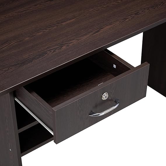 Image of Lakdi The Furniture Home & Office Computer Desk - Writing Workstation with Secure Locking Drawer and 2-Tier Open Storage Shelves - Dark Brown Espresso Wood Finish- 121534326
