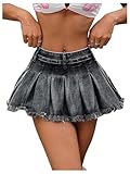 GORGLITTER Women's Pleated Mini Denim Skirt Frayed Hem Low Waist A Line Flared Zipper Jeans Skirts Dark Grey Medium
