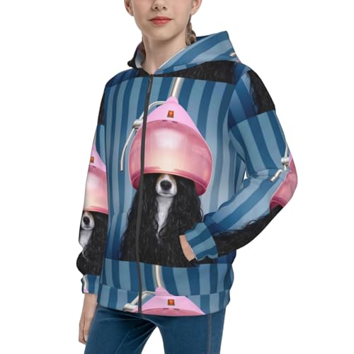 Dog in Hairdresser Kids Pullover Hoodies Boys Zip Up Sweatshirts Girls Athletic Clothes with Pocket