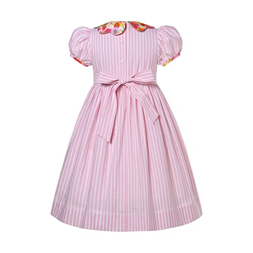 Girls Cute Pink Stripe Casual Smock Clothing Teenage Kids Pretty Smocked Embroidery Party Dresses2