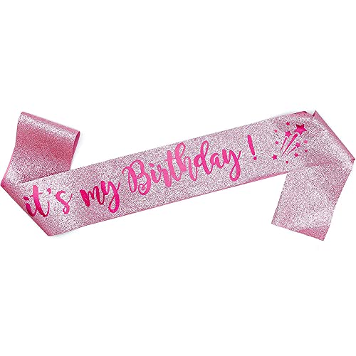 Happium Écharpe d'anniversaire en satin « It's My Birthday » pour anniversaire, décoration de fête, rose satiné sur paillettes roses Cover