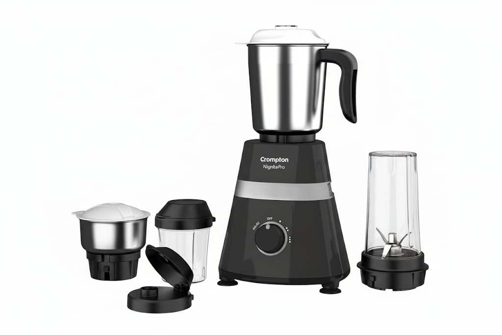 Crompton Nigella Pro 500W Mixer Grinder | 4 Jars (1.2L, 500ml, 400ml, 350ml) | 30 Min Continuous Grinding | Motor Vent-X Technology | Anti-Skid Base | Black | Life Active Series