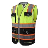 JKSafety Safety Vest for Men Women Hi Vis with Pockets and Cushioned Collar Reflective High Visibility Vest Class 2 Meet ANSI Standard YellowBlack Color Extended Orange Strips (BX360-YBLK L) 1 Piece