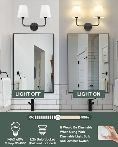 Image of 2-Light Bathroom Vanity Light Fixtures in Matte Black Finish, Modern Bedside Wall Sconces with Flared White Fabric Shade for Bathroom, Hallway, Living Room, Kitchen, VL837-MB-2