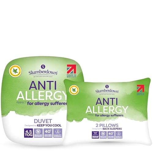 Slumberdown Anti Allergy Double Duvet - 4.5 Tog Lightweight Cool Summer Quilt for Night Sweats 2 Medium Support Pillows - Anti Bacterial Soft Touch Cover Machine Washable Size (200cm x 200cm)