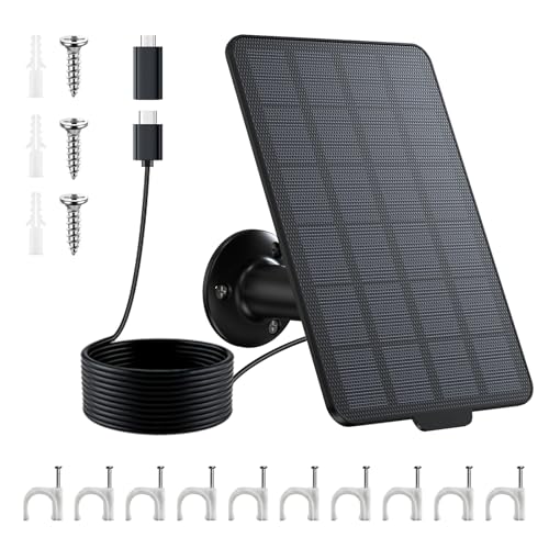 3W Solar Panel for Battery-Powered Security Cameras,USB-C & Micro USB Solar Charger for Wireless Outdoor Cameras,IP65 Waterproof, 9.8ft Cable, 360° Adjustable Mount (Black, 1 Pack)