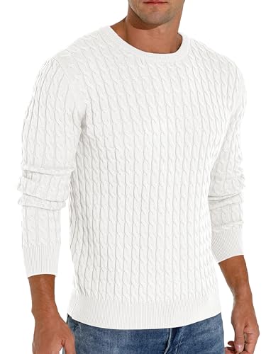 Hisir Pull Câble Tricot Homme Hiver Noel Décontracté Col Rond Chaud Manches Longues Camionneur Pulls Top pour Hommes (Blanc, XL)