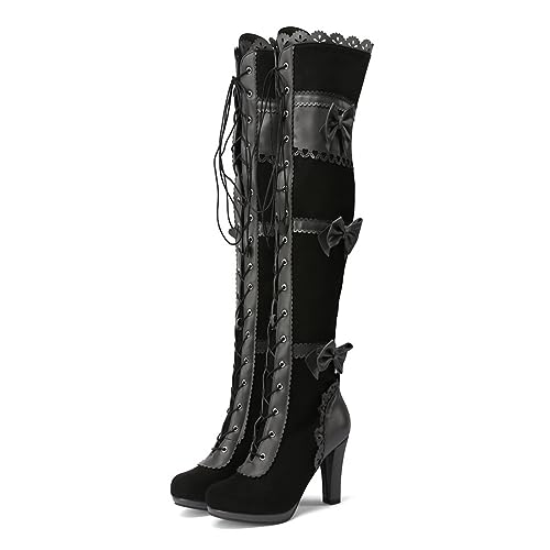Women's Over The Knee Thigh High Heel Boots Platform Zip Buckle Lace Up Gothic Bowknot Club Party Shoes Fall Winter2