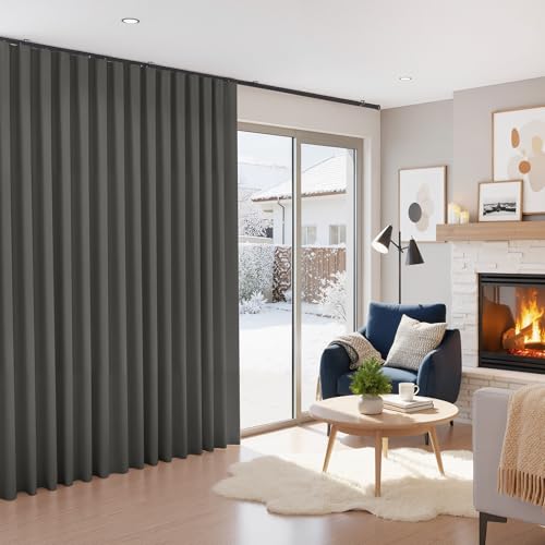 Image of RYB HOME 100% Blackout Room Divider Curtain Panel, Thermal Insulated & Privacy Assurd Extra Wide Curtains for Bedroom /Living Room, Drape with Hooks for Ceiling Mounted, W100 x L96, Grey, 1 Panel