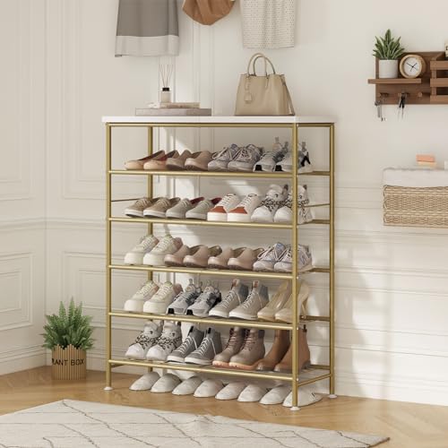 Image of SUOERNUO Shoe Rack Organizer 6 Tier for Closet Entryway Free Standing Metal Storage Shoe Shelf with MDF Top Board,Gold