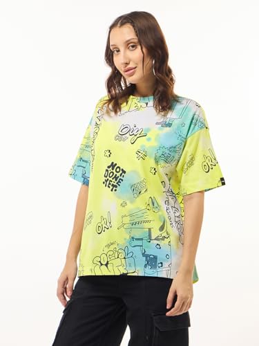 Image of Bewakoof Women's All Over Printed Oversized Fit Half Sleeve Round Neck Cotton Jersey T-Shirt