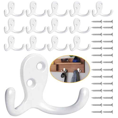 Homanu 14 Pack Coat Hooks Heavy Duty Double Prong Coat Hooks Wall Mounted with 28 Screws No Rust White Metal Wall Hooks for Hanging Towel Coat Bag Hat Cup Key