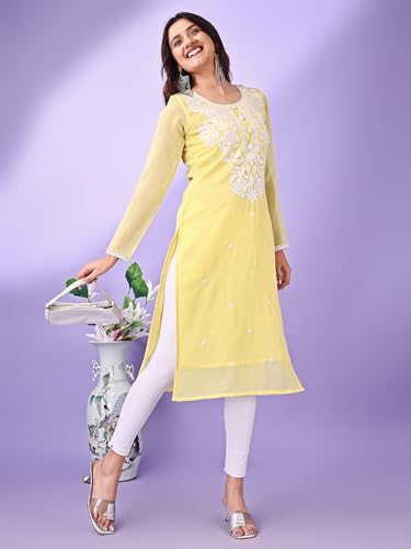 Image of HESVI Women's Georgette White Lakhnavi Chikankari Kurti with Intricate Embroidery Work
