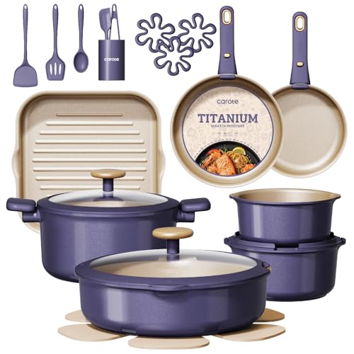 CAROTE 26 Pcs Pots and Pans Set Nonstick Cookware Sets with Detachable Handle Purple Dishwasher Safe Oven Safe Cookware Non Stick Cooking Set w/Frying Pans & Saucepans(PFOS PFOA Free)