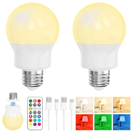 Lampadina LED Ricaricabile E27 con Telecomando, Dimmerabile, Magnetica, Batteria Integrata, 3 Temperature Colore + 9 RGB, 480LM, 3 Timer, per Lampade Senza Corrente, Campeggio & Emergenza 2 Pack