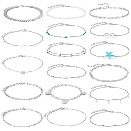 MLPKOI 18Pcs Pulsera TobilloConjunto de Tobilleras Mujer Plateadas, Ajustable en Capas Tobillera Estilo Bohemio Delicadas e Impermeables Tobillera para Vacaciones de Verano en La Playa