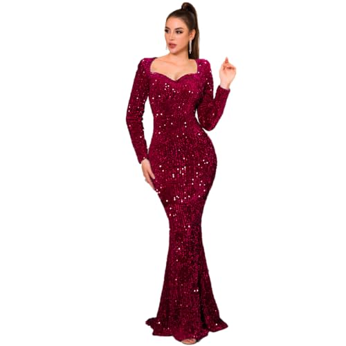 Image of Velvet Sequin Formal Evening Party Dress Sweatheart Bodycon Long Sleeve Maxi Gown