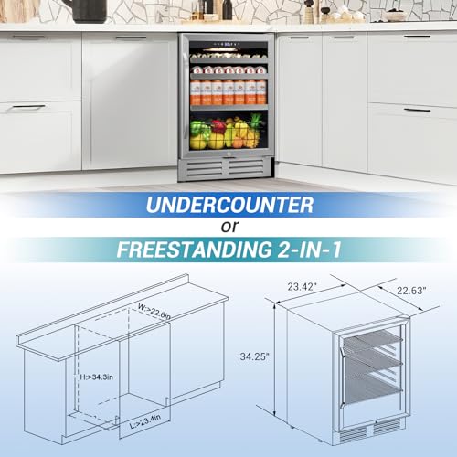 Image of Velivi 24 inch Beverage Refrigerator Cooler Under Counter, 180-Can Capacity, 24 Inch Wide Built-In Beer & Drink Fridge with Glass Door With Metal Basket for Home, Bar & Office