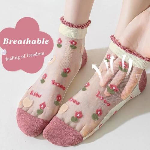 Image of Womens Girls Nylon Socks Sheer Summer Transparent Ankle Socks Mesh Thin Novelty Socks Red Flower, Floral-rosy