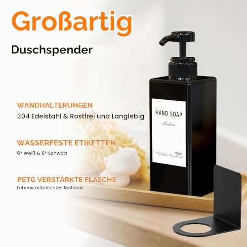 Anhow 3er PETG Seifenspender Wandbefestigung, 500ml Seifenspender Set Wand Ohne Bohren Kunststoff Spülmittelspender mit 16pcs Wasserdichten Etiketten für Küche/Badezimmer - Schwarz