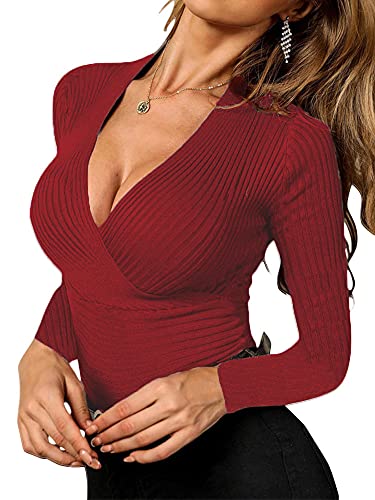 Image of Fangetey Womens Deep V Neck Sexy Wrap Sweater Long Sleeve Slim-Fitted Knitted Jumper Top