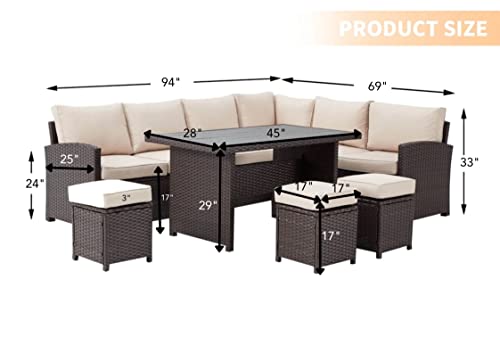Image of DEVOKO Outdoor All-Weather Sectional Wicker Sofa Set and Ottomans with Washable Cushions and Dinning Table for Backyard, Pool (Dark Brown and Cream)