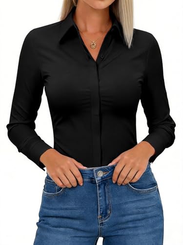 Aoudery Button Down Shirts for Women Slim Fit Long Sleeve Wrinkle Free Work Shirt Stretch Dress Shirts Office Blouse Top - All Black M