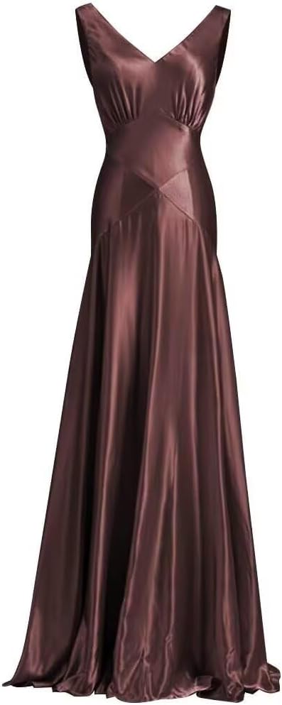 Rjer Women's V Neck Satin Bridesmaid Dresses Long Ruched A Line Bow Back Formal Evening Gowns