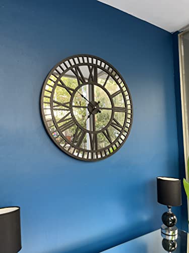 Large Mirrored Wall Clock For Home Decor - Modern Wall Clock With Wood Frame Big Silent Non Ticking Clock, Living Room Decoration, Kitchen, Bedroom (23,6 Inches, Silver-Black) #TOP3