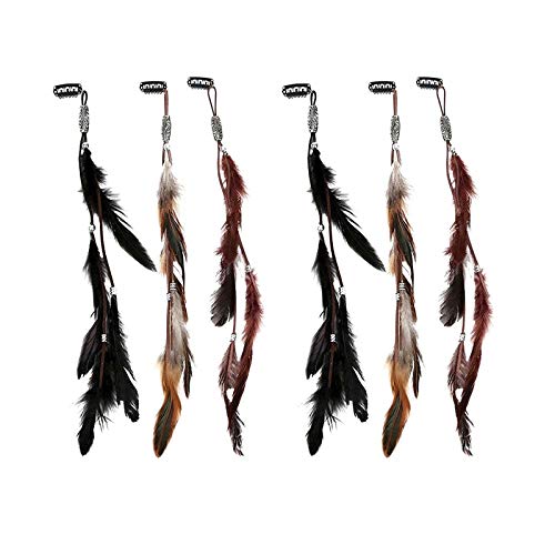 ICYANG Women Feather Hair Clips,6 Pieces Handmade Boho Hippie Hair Extensions with Clip Comb DIY Accessories Hairpin Headdress