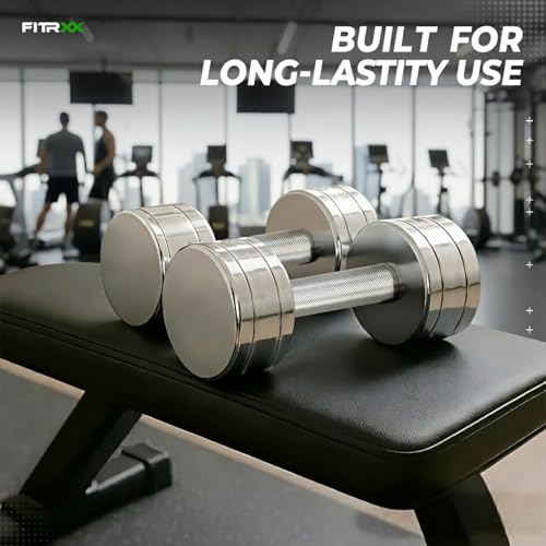 Image of Fitrxx Steel Dumbbell Set | Textured Knurled Grip Handle for Secure Hold | Chrome Finish Fixed Weight Dumbbells for Home & Gym Workout (10, Kilograms)
