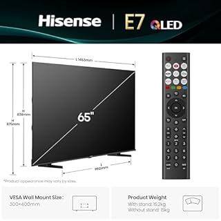Hisense 65" 65E7QTUK QLED Smart AI TV - 4K Direct Lit Viewing, Quantum Dot Colour, Hi-View AI Engine, Dolby Vision, Dolby Atmos with Freely, Disney +, YouTube, Netflix