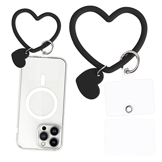 TIESOME Heart Loop Phone Lanyard, Smart Phone Hand Wrist Lanyard Strap with Key Chain Holder Compatible with Most Smartphones for Cell Phone Case Keys ID Badges with 2packs Back Patch(Black)