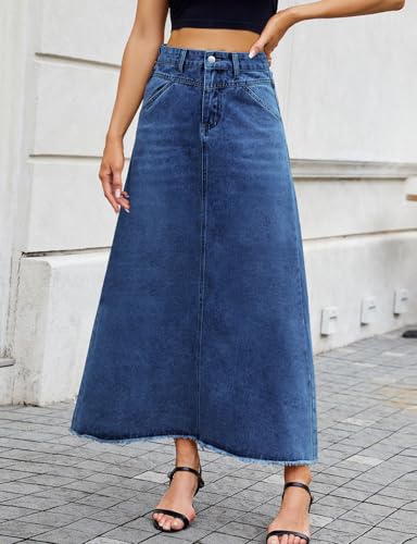 Long Denim Skirts for Women Trendy High Waisted A-Line Casual Flare Frayed Vintage Jean Maxi Skirt2
