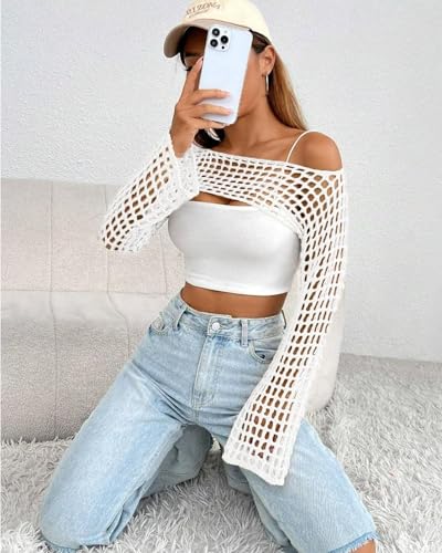 Image of Womens Crochet Crop Tops Y2k Knit Shrug Sweater Hollow Out Long Sleeve Bikini See Through Cover Ups