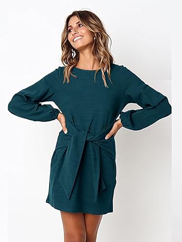 Image of PRETTYGARDEN Womens Spring Elegant Long Lantern Sleeve Short Dress Wedding Guest Crewneck Tie Waist Knit Cocktail Dresses