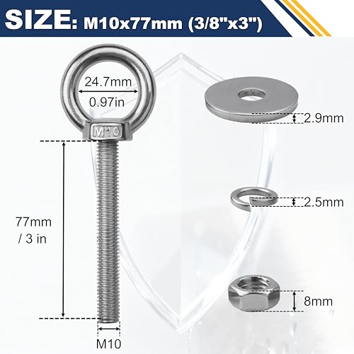 Image of 12 Pack M10 Stainless Steel Eye Bolts with Nuts,3 /8 inch x 3 inch Eye Bolts | 304 Stainless Steel Eye Bolt,Eye Bolts Heavy Duty for Hang Tie Down Outdoor,3 /8 eye bolts with nuts,m10 eye bolts