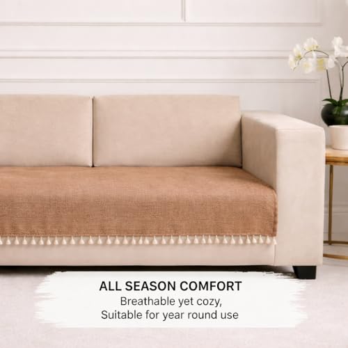Image of STITCHNEST Jute Sofa Cover - Brown, 70x30 Inch | Soft Textured Fabric with Tassel| Sofa for Living Room Decor