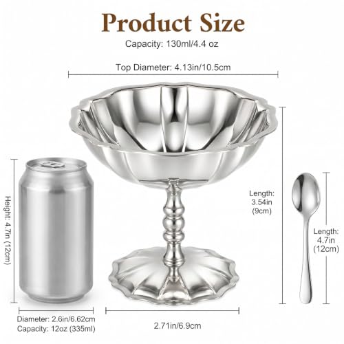 Bthomstfmly 4 Sets Stainless Steel Ice Cream Cups Bulk 4.4 oz Silver Lotus Dessert Bowls Footed Sundae Cups with Spoons for Serving Pudding Salad Fruit Sundae Summer Birthday Party Supply by Bthomstfmly - Used condition - Image 3