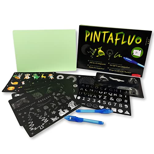 JUEGACONMIGO PINTAFLUO Pizarra Mágica Infantil. Dibuja con luz a Doble Cara y Doble Grosor. Incluye 2 bolígrafos, 10 Plantillas y Tinta Invisible. Tamaño A4.