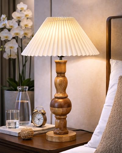 Image of Homesake Wooden Bubble Design Table Lamp for Bedroom & Living Room | Home Decor Lighting | Nightstand Lamp | Reading Lamp | Vintage | Minimalist | Modern Bedside Lamps, (Pleated Off-White)