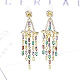 Material: cobre WOZUIMEI Pendientes de Oreja Aretes para Mujer Cortina de Cuentas con Flecos de Palacio Diamante Cuadrado de Color Vestido de Temperamento de Contraste Exagerado Cena Pendientes de CircónComo se mues