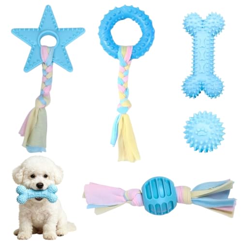 Set di 5 Giocattoli da Masticare per Cuccioli, Giochi per Cani in Gomma Naturale e Corde di Cotone, Giocattoli da Dentizione Interattivi e Resistenti per Cuccioli di Piccola e Media Taglia (Blu)