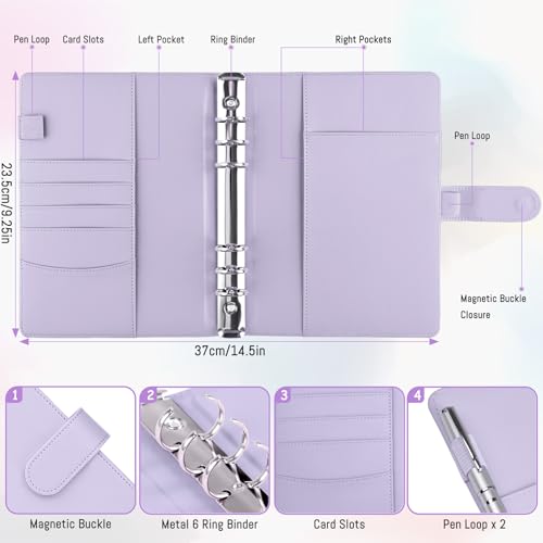 Image of Antner A5 PU Leather 6 Ring Notebook Binder Cover for Refill Paper, Refillable Loose Leaf Personal Planner Organizer With Magnetic Buckle, Purple