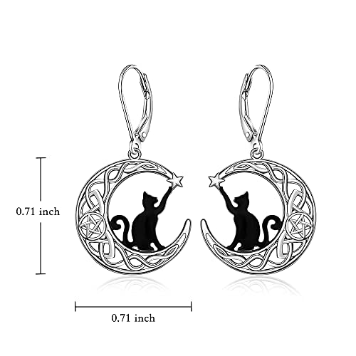 Black Cat Earrings For Women Girls Sterling Silver Leverback Cute Animal Crescent Moon Celtic Knot Dangle Drop Earrings Hypoallergenic Cats Lover Halloween Gifts #TOP5