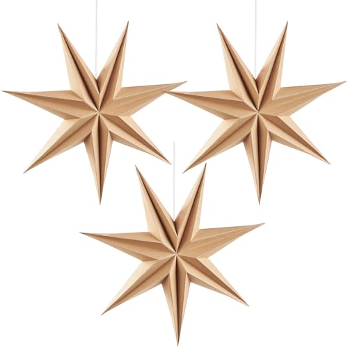 Image of SUNBEAUTY 3 Pcs 7-Pointed Natural Paper Star Lanterns 12 Inch Christmas Hanging Lamp Rustic Paper Decorations Shade Wedding Birthday Christmas Home Party Decorations