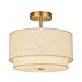 Semi Flush Mount Ceiling Light Fixture,12.6'' Gold Light Fixtures Ceiling Mount, Modern Close to Ceiling Light with 2-Layer Linen Shade,Farmhouse Drum Ceiling Light for Bedroom Hallway Living Room