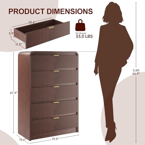 FURSUN Fluted 5 Drawers Dresser for Bedroom, 48" Tall Wooden Modern Dresser with Metal Handle, Curved Profile Design, Storage Organizer for Living Room, Hallway, Dark Walnut