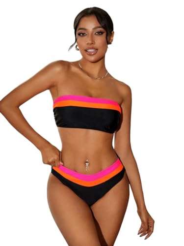 Image of ZAFUL Women's High Cut Bandeau Bikini Set Strapless Solid Color 2 Pieces Bathing Suit Swimsuit (5-Black Red,L), Large